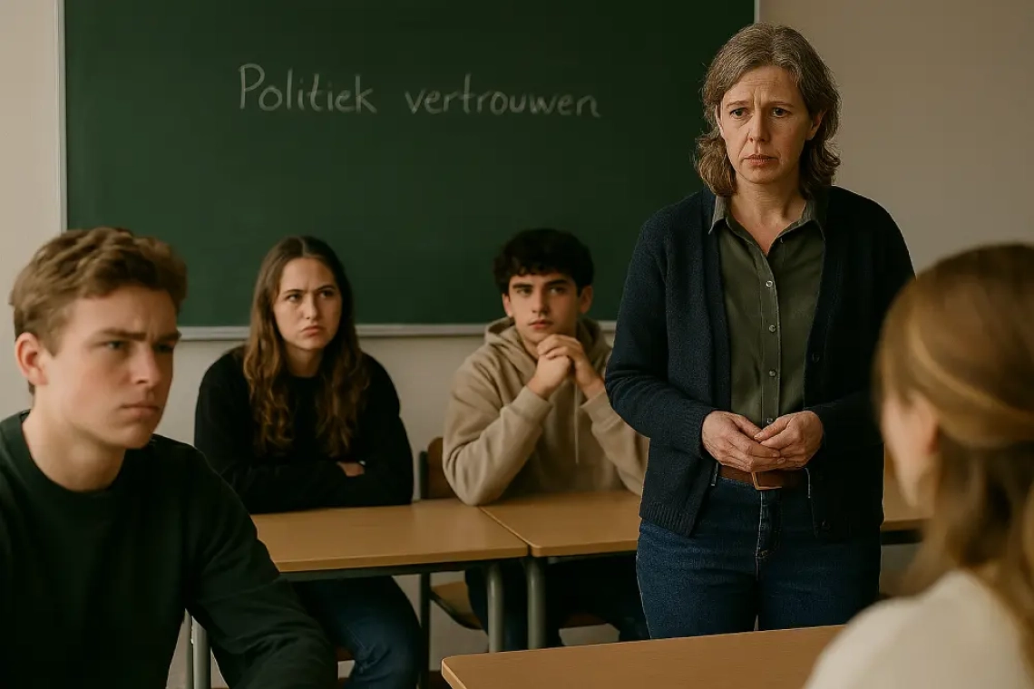 Een docent maatschappijleer staat voor een schoolbord in een klaslokaal, kijkt bezorgd naar een groep leerlingen die met kritische blikken luisteren tijdens een les over politiek